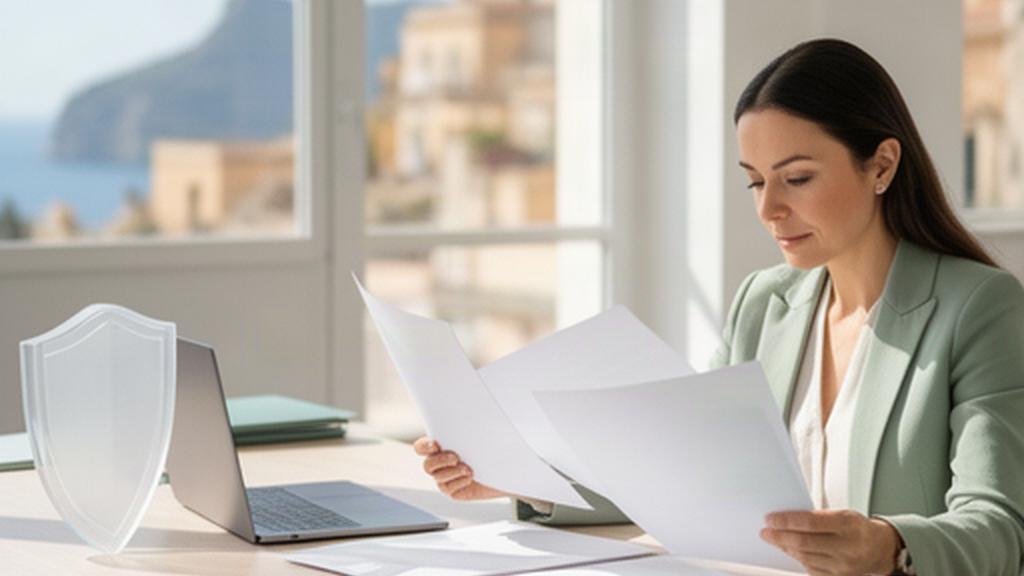 Consulente HR che esamina documenti sulla privacy in un ufficio luminoso di Taormina